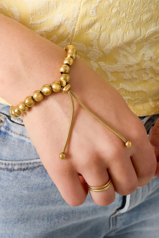 Гривна HOLLOW BEAD – 8 мм мъниста, златист цвят, неръждаема стомана, 16+3 см Versai